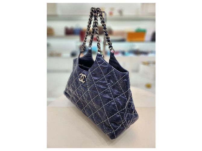 Chanel Bolsa de ombro em canvas com corrente CC de costura selvagem azul royal - vista 13
