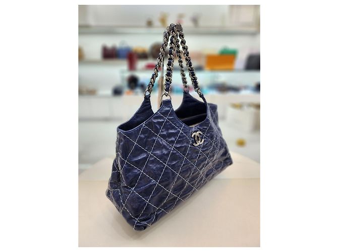 Chanel Bolsa de ombro em canvas com corrente CC de costura selvagem azul royal - vista 3
