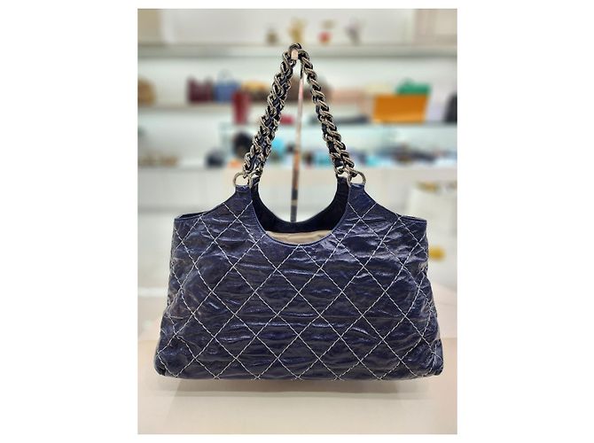 Chanel Bolsa de ombro em canvas com corrente CC de costura selvagem azul royal - vista 5