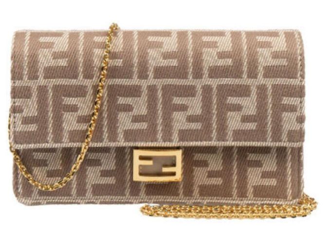 Fendi Borsa a Spalla Baguette con Catena Beige AUNJ Marrone - vista 10