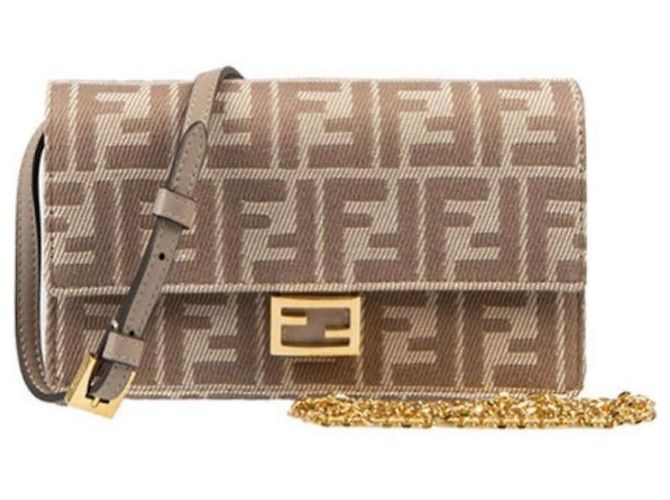 Fendi Borsa a Spalla Baguette con Catena Beige AUNJ Marrone - vista 11