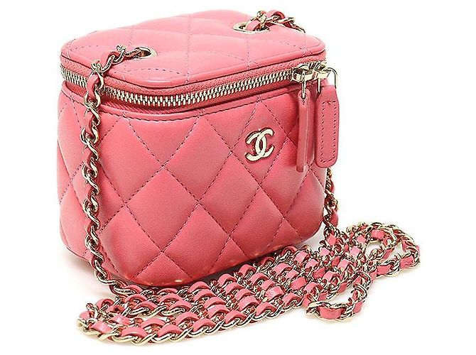 Vanity Chanel Mini bolsa cruzada de couro de cordeiro rosa com corrente dourada e caixa clássica para cosméticos - vista 3