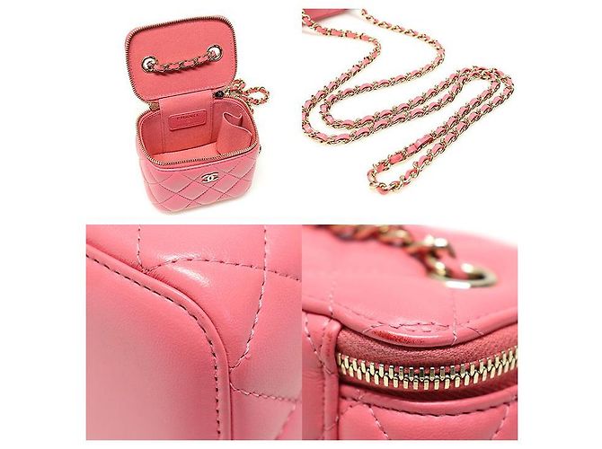 Vanity Chanel Mini bolsa cruzada de couro de cordeiro rosa com corrente dourada e caixa clássica para cosméticos - vista 6