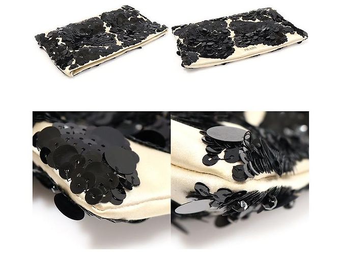 Prada Beige Satin Clutch mit schwarzen Paillettenblumen Braun - Ansicht 5