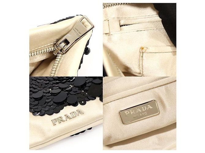 Prada Beige Satin Clutch mit schwarzen Paillettenblumen Braun - Ansicht 7