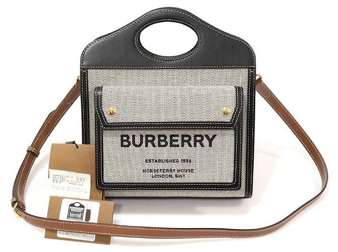 Burberry Mini Tote in Tela Bicolore in Pelle Nera Triton Marrone - vista 2