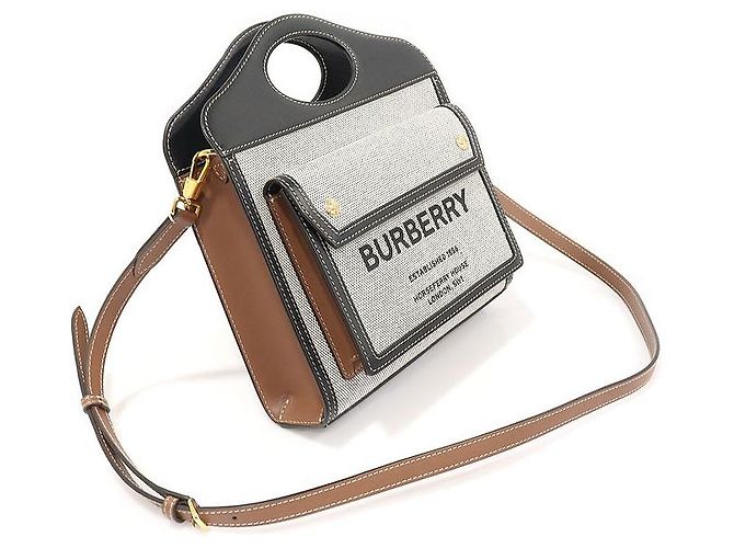 Burberry Mini Tote in Tela Bicolore in Pelle Nera Triton Marrone - vista 3