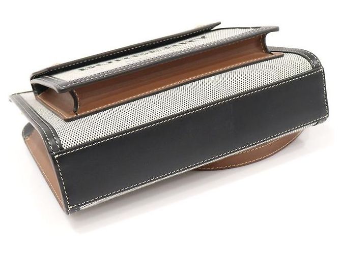 Burberry Mini Tote in Tela Bicolore in Pelle Nera Triton Marrone - vista 5