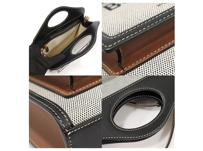 Burberry Mini Tote in Tela Bicolore in Pelle Nera Triton Marrone - vista 6