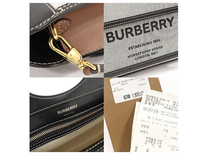 Burberry Mini Tote in Tela Bicolore in Pelle Nera Triton Marrone - vista 7