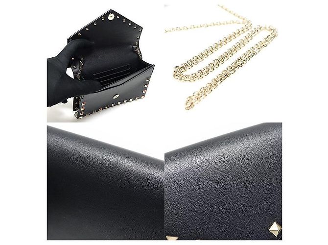 Valentino Mini Pochette Busta Rockstud in Pelle Nera Caviar con Catena Crossbody Nero - vista 6