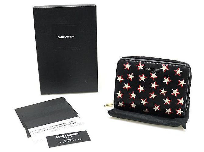 Saint Laurent Cartera compacta con cremallera de cuero negro con estampado de estrellas - vista 2