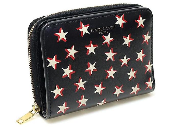 Saint Laurent Cartera compacta con cremallera de cuero negro con estampado de estrellas - vista 3