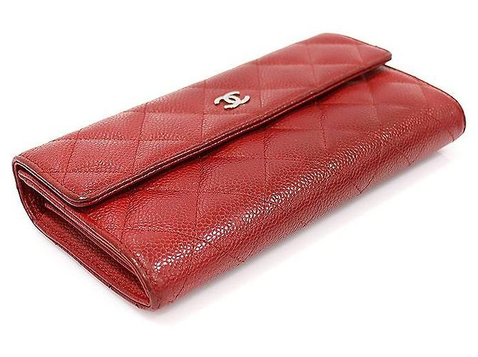 Timeless Chanel Portafoglio lungo classico senza tempo in caviar rosso con logo CC in argento (No. - vista 4