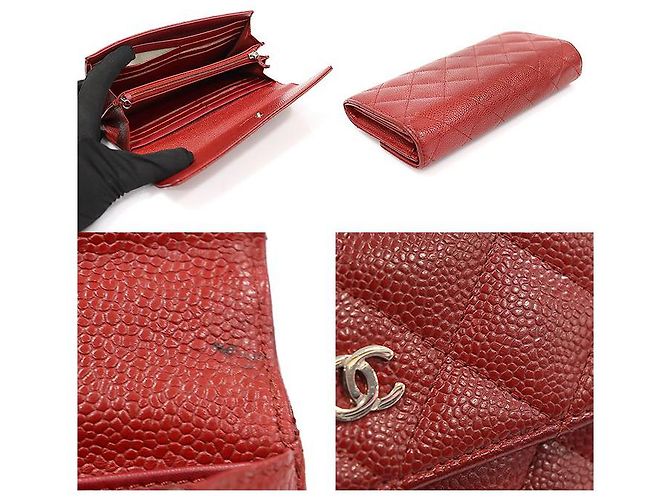 Timeless Chanel Portafoglio lungo classico senza tempo in caviar rosso con logo CC in argento (No. - vista 5
