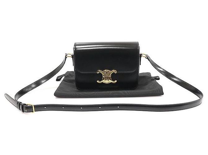 Céline Borsa a Spalla Triomphe in Pelle di Vitello Nera Lucida con Finiture Dorate Nero - vista 2