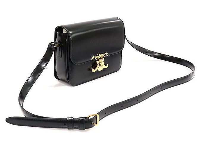Céline Borsa a Spalla Triomphe in Pelle di Vitello Nera Lucida con Finiture Dorate Nero - vista 3