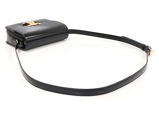 Céline Borsa a Spalla Triomphe in Pelle di Vitello Nera Lucida con Finiture Dorate Nero - vista 4