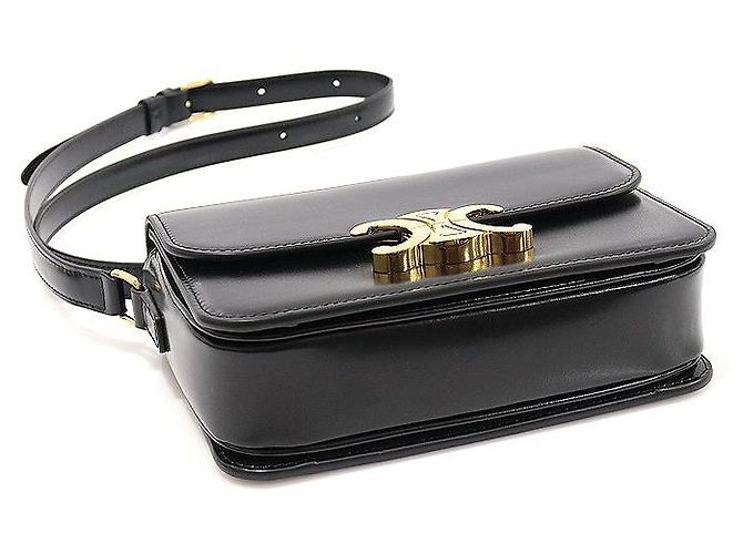 Céline Borsa a Spalla Triomphe in Pelle di Vitello Nera Lucida con Finiture Dorate Nero - vista 5
