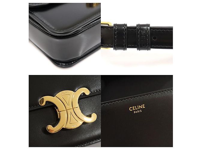 Céline Borsa a Spalla Triomphe in Pelle di Vitello Nera Lucida con Finiture Dorate Nero - vista 7