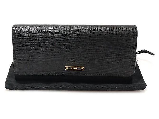 Fendi Portefeuille long à rabat continental en cuir noir avec boutons dorés - vue 2