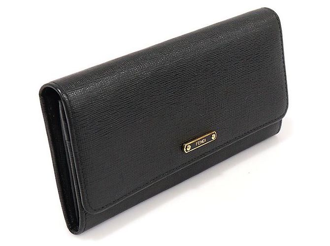 Fendi Portefeuille long à rabat continental en cuir noir avec boutons dorés - vue 3