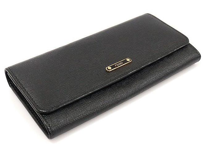 Fendi Portefeuille long à rabat continental en cuir noir avec boutons dorés - vue 4