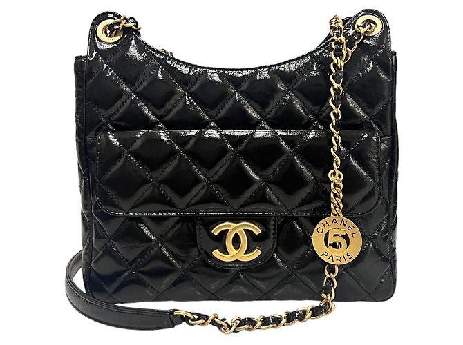 Chanel Borsa hobo con catena in nero lucido stropicciato medio - vista 2