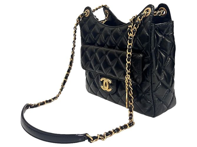 Chanel Borsa hobo con catena in nero lucido stropicciato medio - vista 3