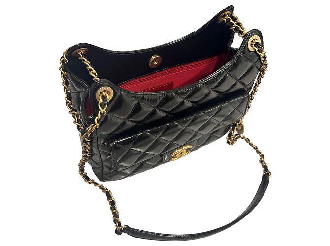 Chanel Borsa hobo con catena in nero lucido stropicciato medio - vista 6