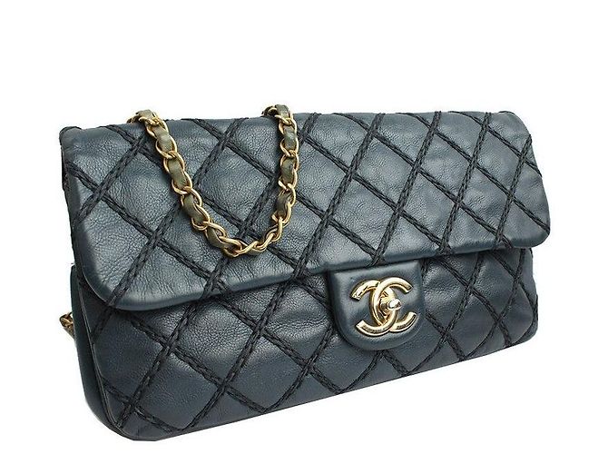 Chanel Serie di borse a spalla e crossbody in catena khaki con cucitura selvaggia blu navy - vista 2