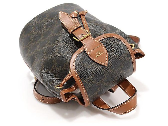 Céline Zaino Mini Polco in Tela e Pelle di Vitello Tan Triomphe Marrone - vista 4