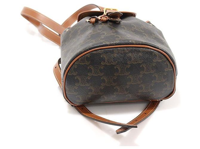 Céline Zaino Mini Polco in Tela e Pelle di Vitello Tan Triomphe Marrone - vista 5