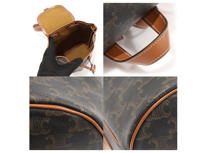 Céline Zaino Mini Polco in Tela e Pelle di Vitello Tan Triomphe Marrone - vista 6
