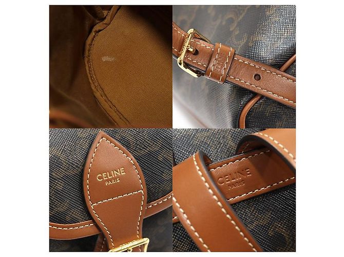 Céline Zaino Mini Polco in Tela e Pelle di Vitello Tan Triomphe Marrone - vista 7