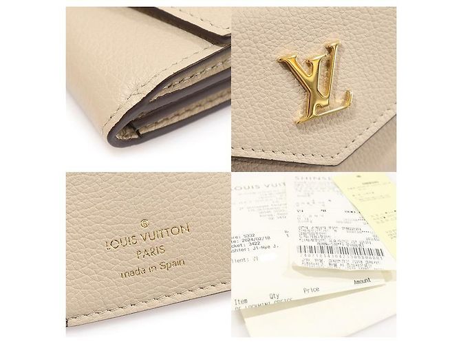 Louis Vuitton Cartera mini de piel de ternera beige greige con cierre dorado Castaño - vista 7