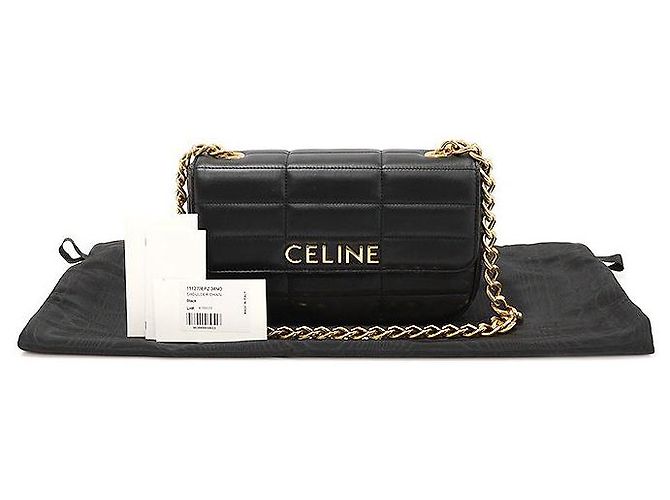 Céline Schultertasche aus schwarzem Ziegenleder mit monochromem Steppdesign und goldener Kette - Ansicht 2