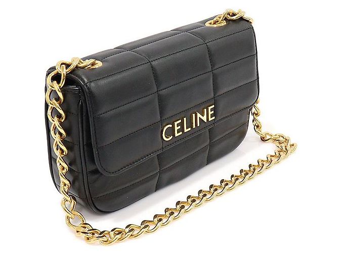 Céline Schultertasche aus schwarzem Ziegenleder mit monochromem Steppdesign und goldener Kette - Ansicht 3