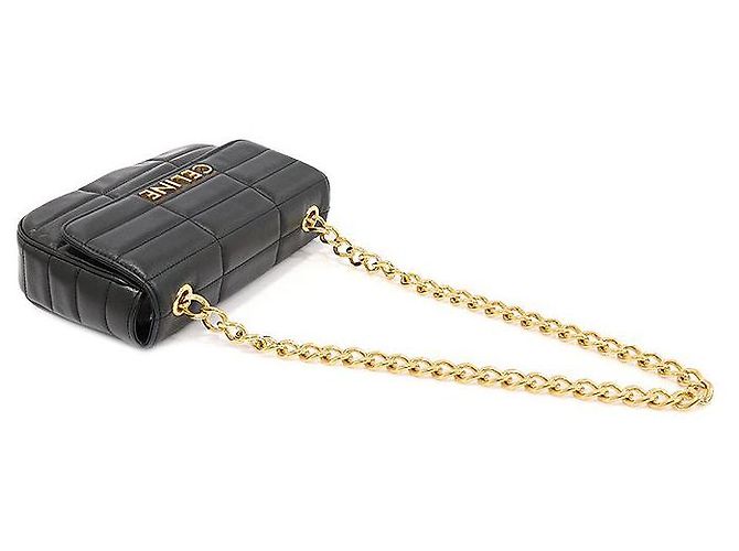 Céline Schultertasche aus schwarzem Ziegenleder mit monochromem Steppdesign und goldener Kette - Ansicht 4
