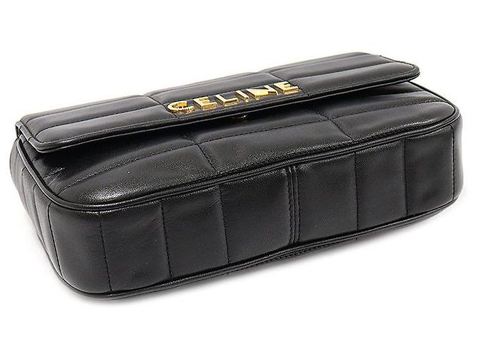 Céline Schultertasche aus schwarzem Ziegenleder mit monochromem Steppdesign und goldener Kette - Ansicht 5