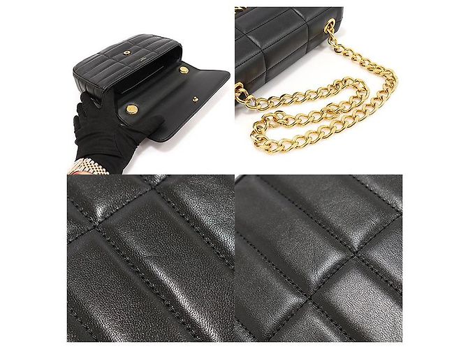 Céline Schultertasche aus schwarzem Ziegenleder mit monochromem Steppdesign und goldener Kette - Ansicht 6