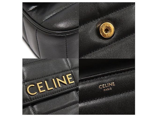 Céline Schultertasche aus schwarzem Ziegenleder mit monochromem Steppdesign und goldener Kette - Ansicht 7