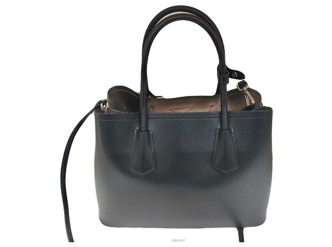 Bolsa de ombro Tote com logo triangular Saffiano duplo Prada Preto - vista 3