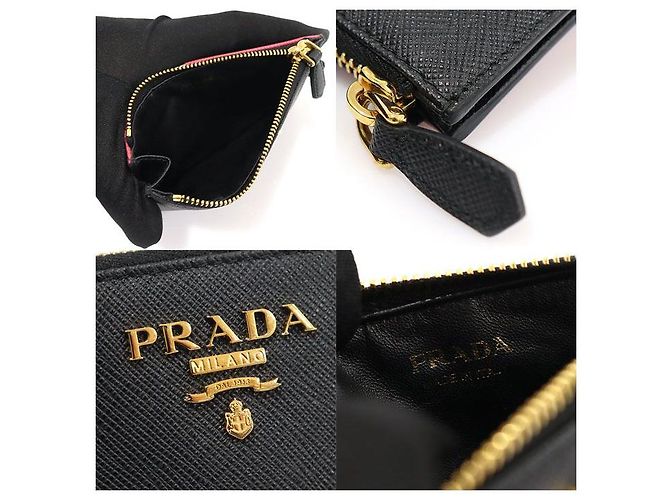 Prada Reißverschluss-Kartenhalter aus schwarzem Saffiano mit mehrfarbiger Goldschrift - Ansicht 7
