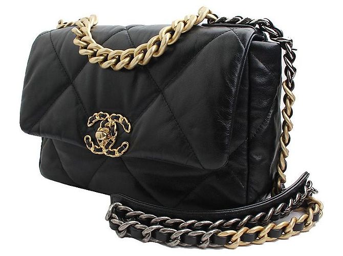 Chanel 19 Chanel Serie di borse a spalla con catena dorata nera piccola Nero - vista 2