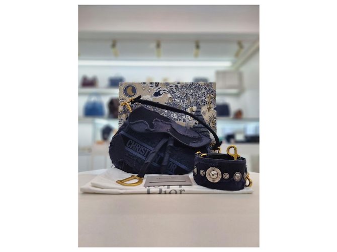 Saddle Dior Bestickte Schultertasche im Camouflage-Karomuster mit zusätzlichem Schultergurt Blau - Ansicht 11