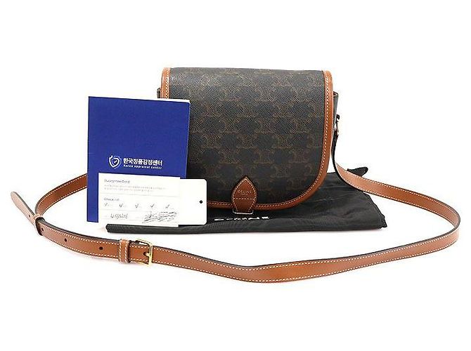 Céline Borsa a tracolla Polco media in tela e pelle di vitello tan Triomphe Marrone - vista 2