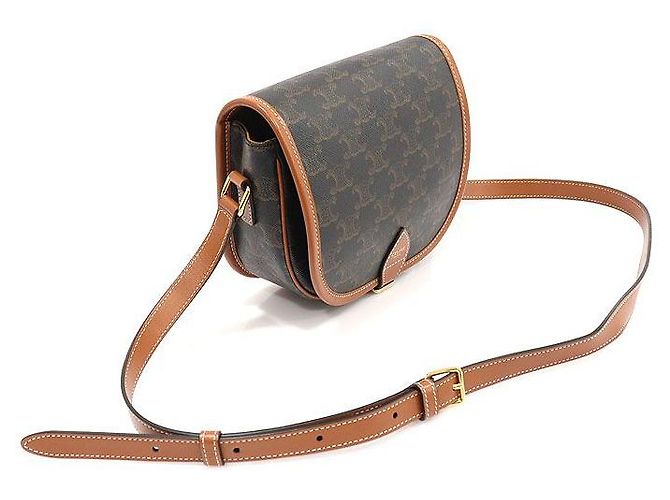 Céline Borsa a tracolla Polco media in tela e pelle di vitello tan Triomphe Marrone - vista 3