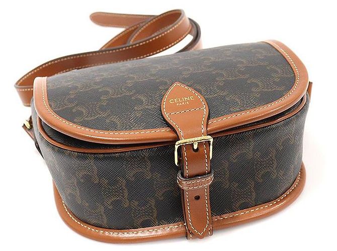 Céline Borsa a tracolla Polco media in tela e pelle di vitello tan Triomphe Marrone - vista 5