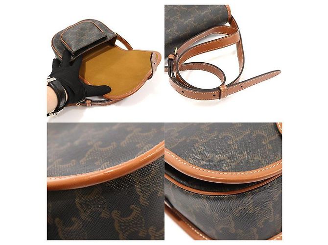 Céline Borsa a tracolla Polco media in tela e pelle di vitello tan Triomphe Marrone - vista 6